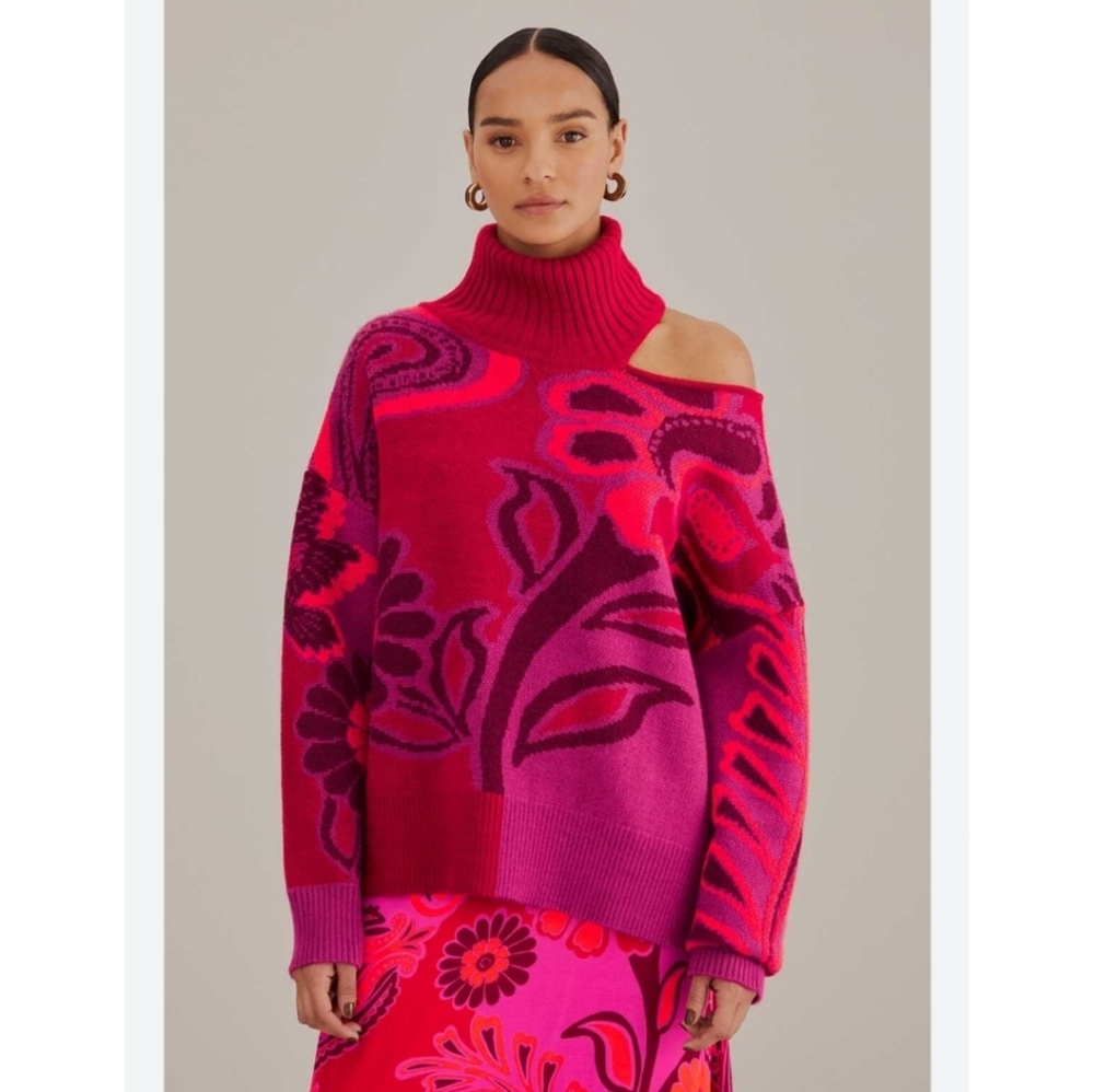 Farm Rio Bold Floral Pink Neck Knit Sweater‎